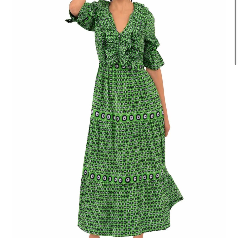 Gretchen Scott Designs Posh Foulard Midi/Maxi blue and green ruffle neck dress - Picture 2 of 6